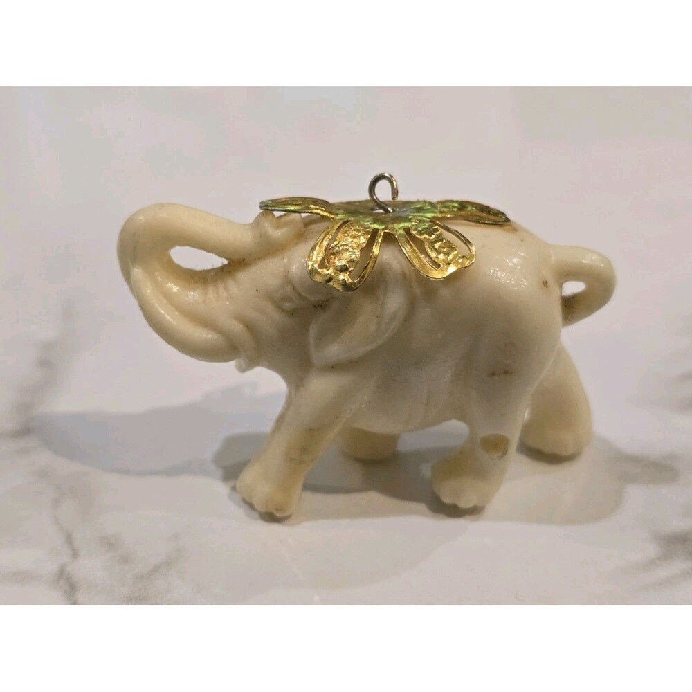Vintage Celluloid Lucky Elephant Charm Pendant Faux Ivory Raised Trunk Gold Tone